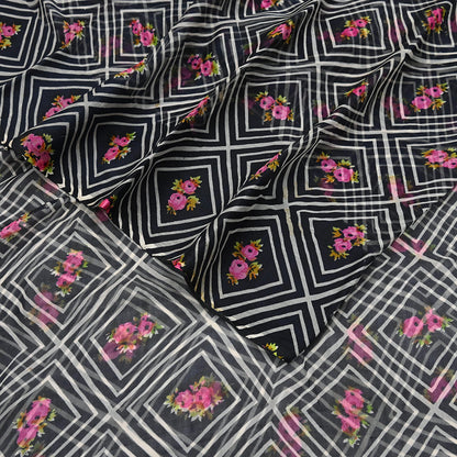 Vintage Saree Black Pure Chiffon Silk Printed Sari Craft Fabric Sewing 5Yard Soft