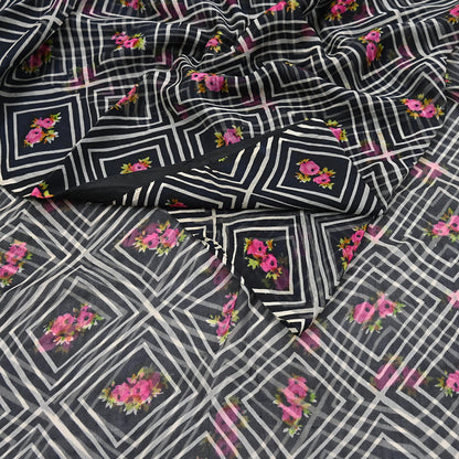 Vintage Saree Black Pure Chiffon Silk Printed Sari Craft Fabric Sewing 5Yard Soft