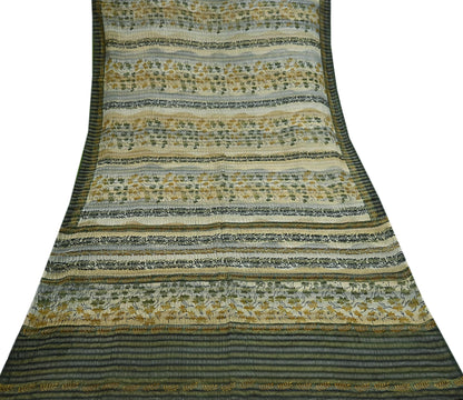 Indian Vintage Sari Gray Pure Georgette Silk Printed Sarees Craft Fabric Sewing 6Yd Soft Dress Making Crafting Quilting Zari