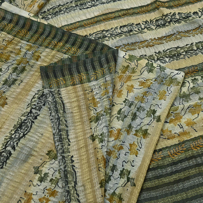 Indian Vintage Sari Gray Pure Georgette Silk Printed Sarees Craft Fabric Sewing 6Yd Soft Dress Making Crafting Quilting Zari