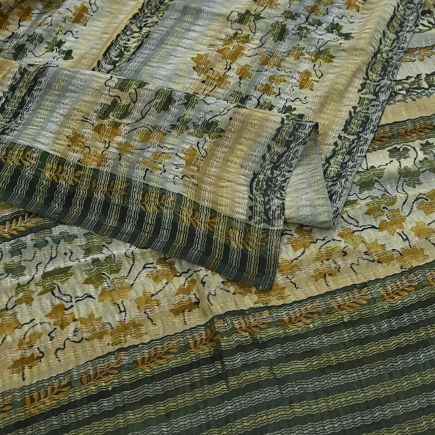 Indian Vintage Sari Gray Pure Georgette Silk Printed Sarees Craft Fabric Sewing 6Yd Soft Dress Making Crafting Quilting Zari