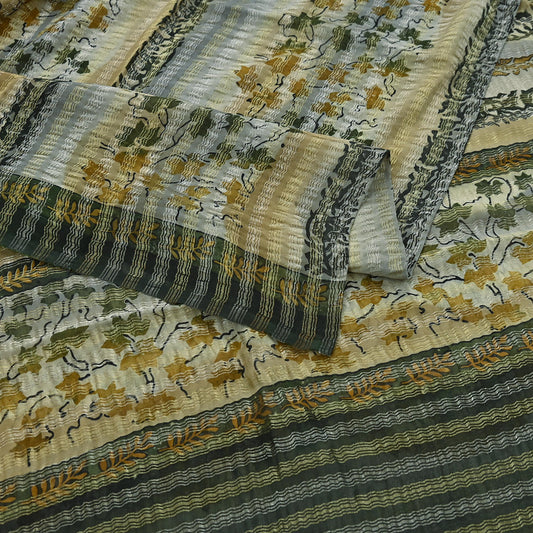 Indian Vintage Sari Gray Pure Georgette Silk Printed Sarees Craft Fabric Sewing 6Yd Soft Dress Making Crafting Quilting Zari