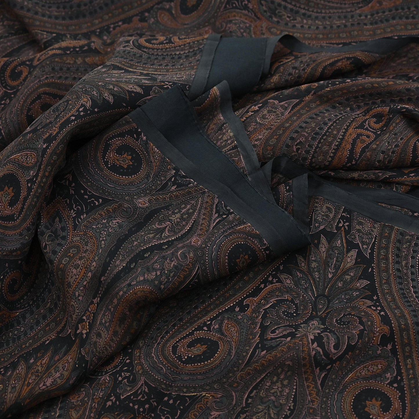 Vintage Saree Black Pure Chiffon Silk Printed Sari Craft Fabric Sewing 5Yard Soft