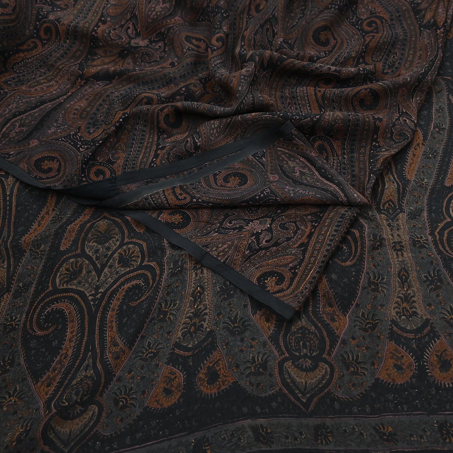 Vintage Saree Black Pure Chiffon Silk Printed Sari Craft Fabric Sewing 5Yard Soft