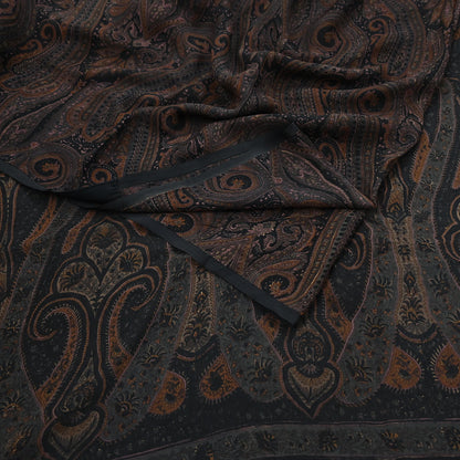 Vintage Saree Black Pure Chiffon Silk Printed Sari Craft Fabric Sewing 5Yard Soft