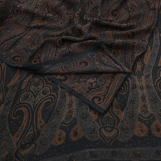 Vintage Saree Black Pure Chiffon Silk Printed Sari Craft Fabric Sewing 5Yard Soft