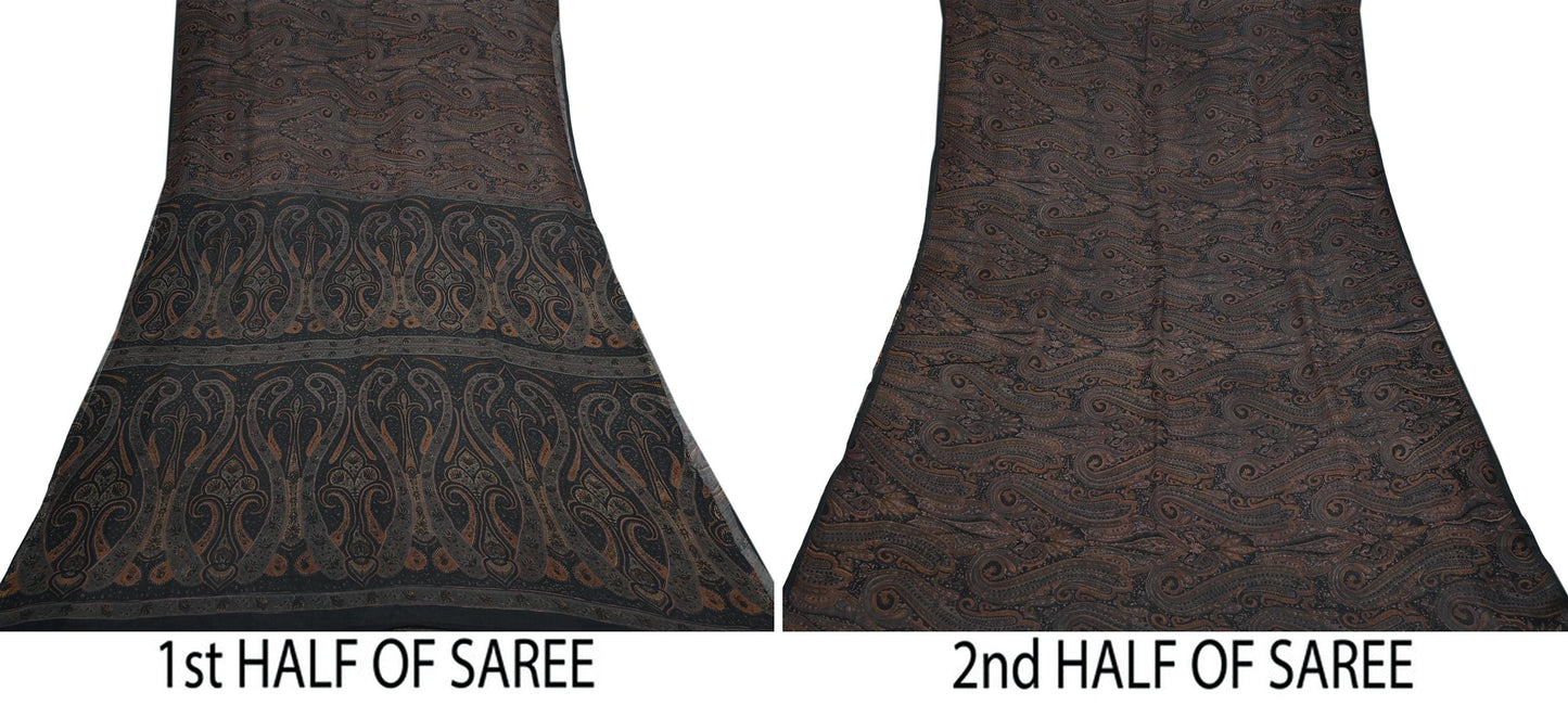 Vintage Saree Black Pure Chiffon Silk Printed Sari Craft Fabric Sewing 5Yard Soft