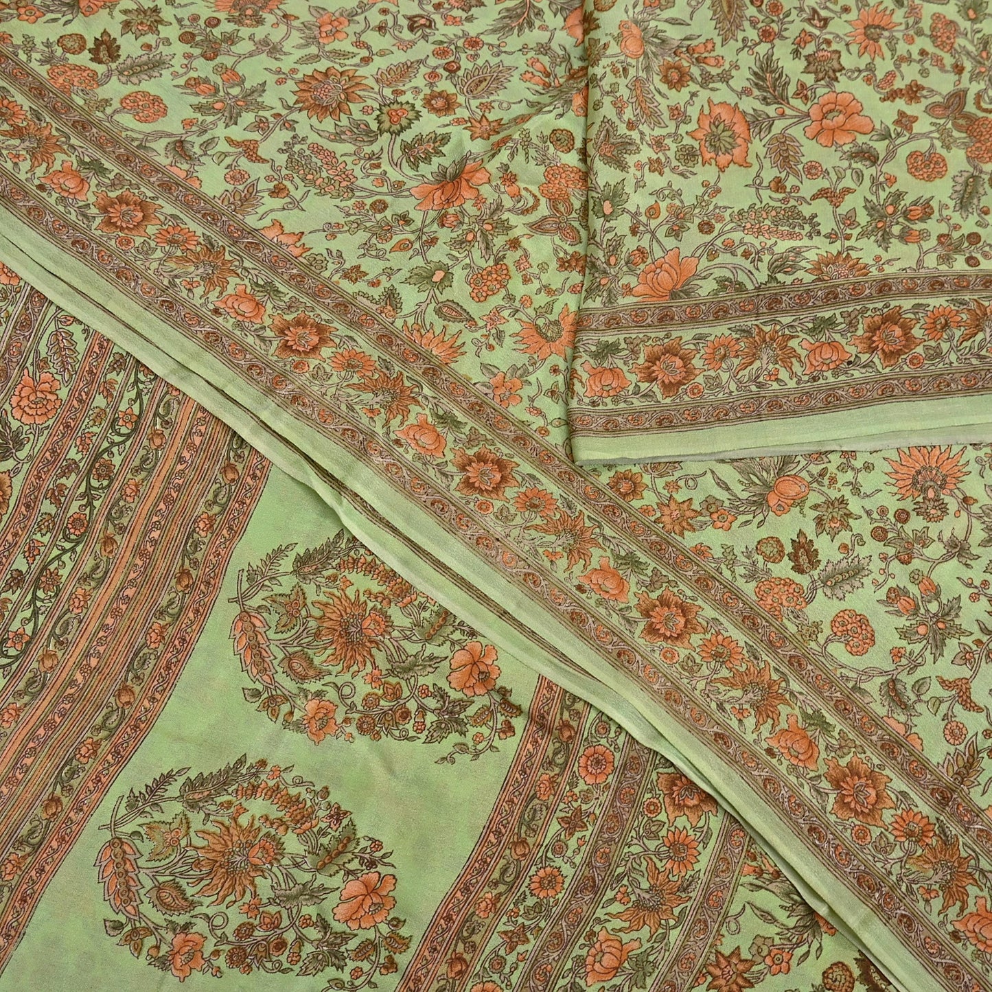 Indian Vintage Sari Green Pure Silk Printed Sarees Craft Fabric 6yd Sewing Dress Making Soft Floral Crafting quilting