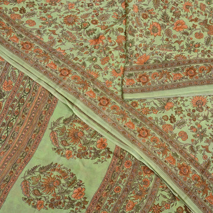 Indian Vintage Sari Green Pure Silk Printed Sarees Craft Fabric 6yd Sewing Dress Making Soft Floral Crafting quilting