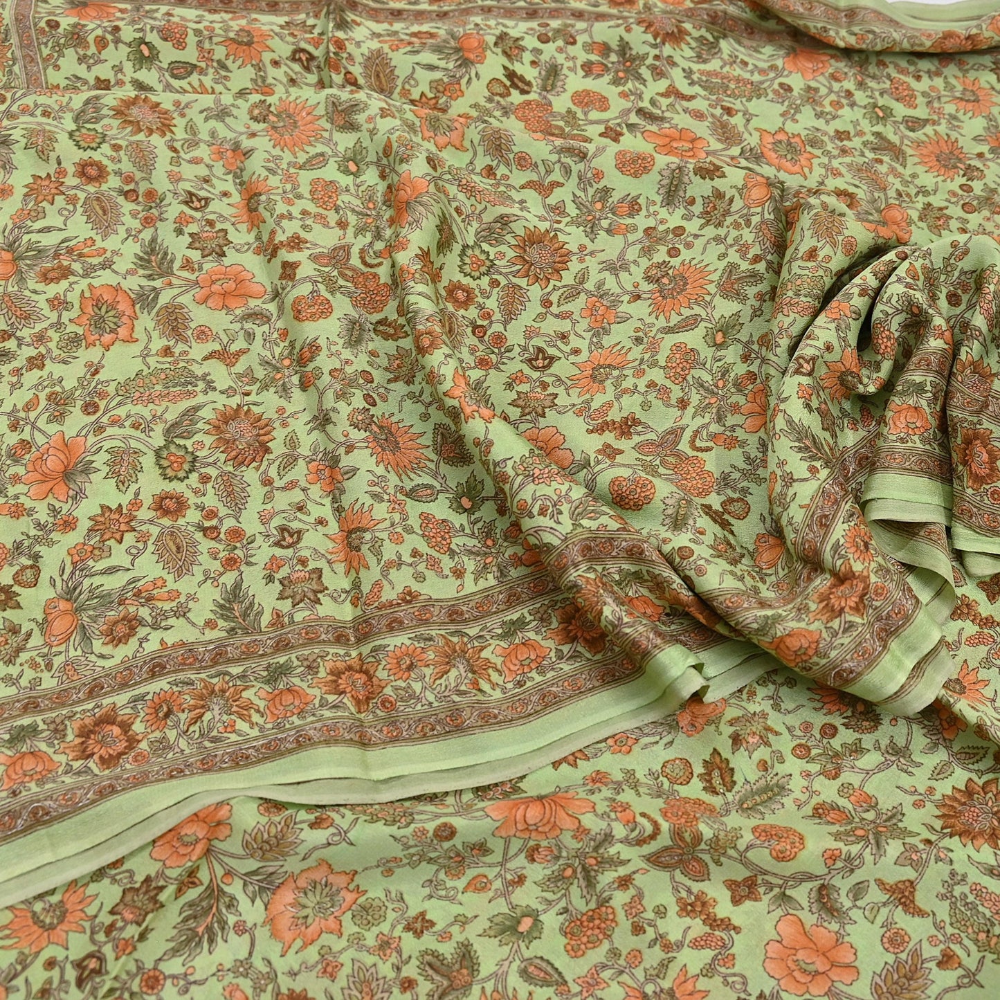 Indian Vintage Sari Green Pure Silk Printed Sarees Craft Fabric 6yd Sewing Dress Making Soft Floral Crafting quilting