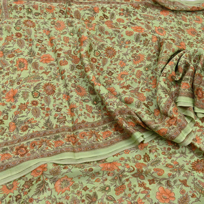 Indian Vintage Sari Green Pure Silk Printed Sarees Craft Fabric 6yd Sewing Dress Making Soft Floral Crafting quilting