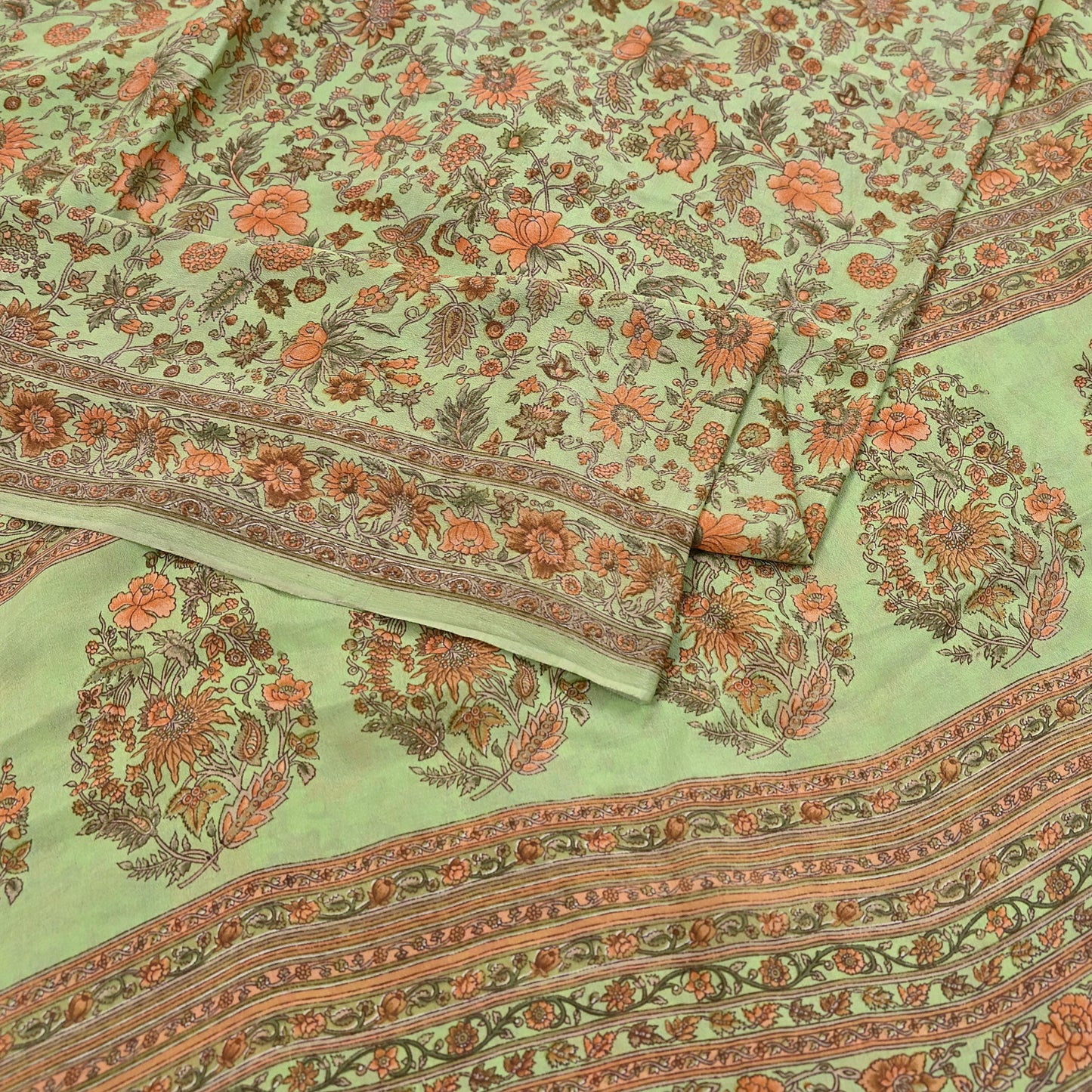 Indian Vintage Sari Green Pure Silk Printed Sarees Craft Fabric 6yd Sewing Dress Making Soft Floral Crafting quilting