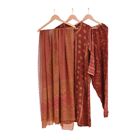 Indian Pre-Owned Rusty Red Pure Silk Hand Embroidered Ritu Kumar Designer 3 Piece Suit Set (Kurta + Dupatta + Salwar)