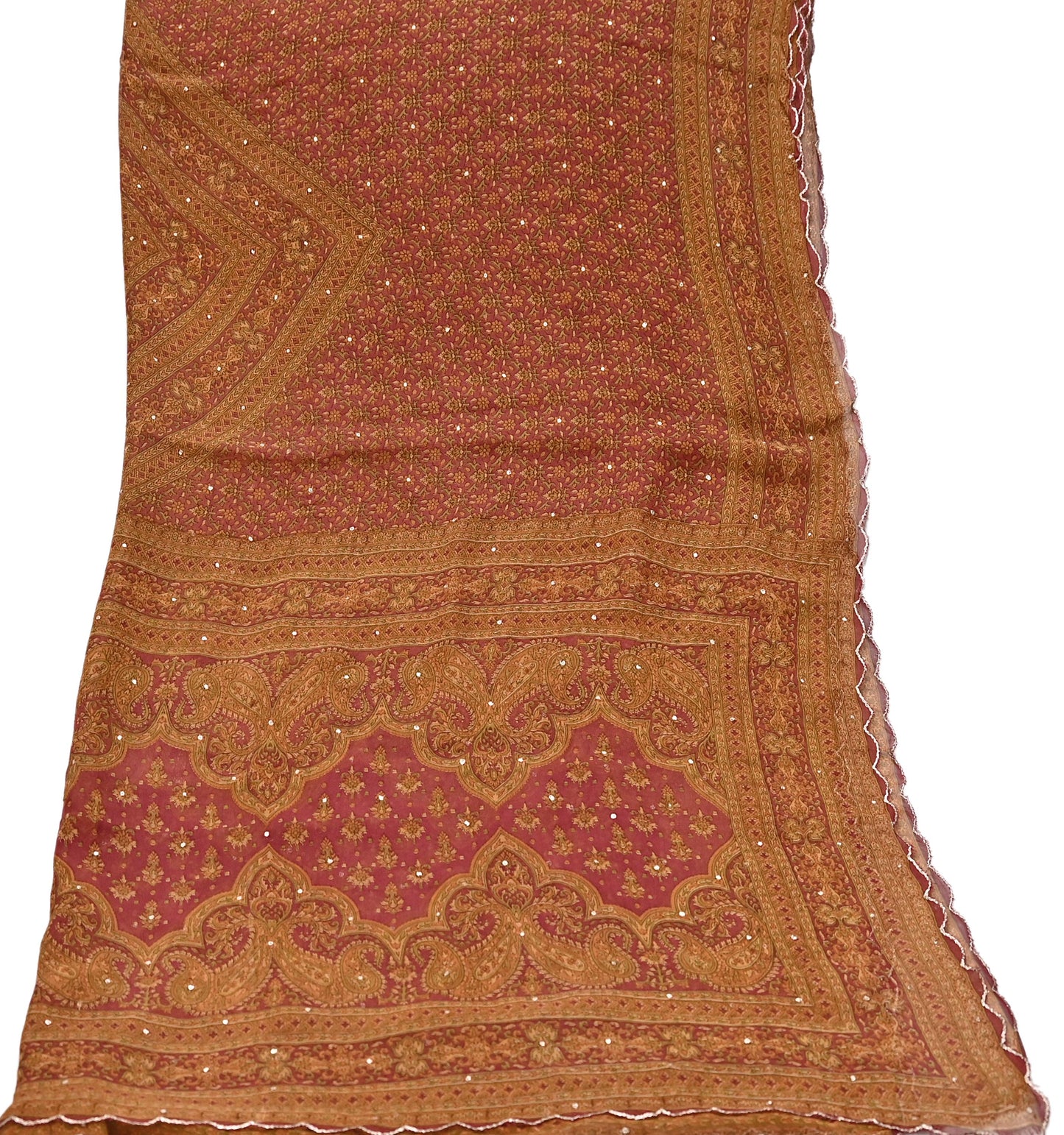 Indian Pre-Owned Rusty Red Pure Silk Hand Embroidered Ritu Kumar Designer 3 Piece Suit Set (Kurta + Dupatta + Salwar)