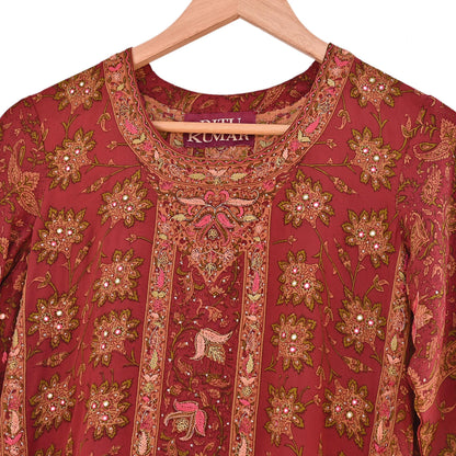 Indian Pre-Owned Rusty Red Pure Silk Hand Embroidered Ritu Kumar Designer 3 Piece Suit Set (Kurta + Dupatta + Salwar)
