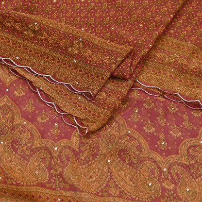 Indian Pre-Owned Rusty Red Pure Silk Hand Embroidered Ritu Kumar Designer 3 Piece Suit Set (Kurta + Dupatta + Salwar)
