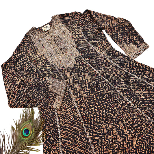 Indian Vintage Ritu Kumar Black Pure Crepe Silk Long Kurta Hand Embroidered Bandhani Printed Designer Ethnic Festive Party Wear Tunic