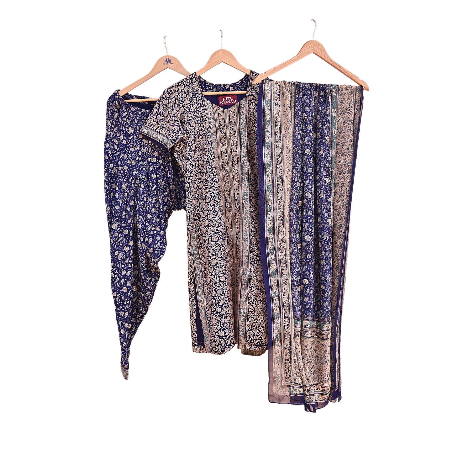 Indian Pre-Owned Blue & Ivory Pure Silk Hand Embroidered Ritu Kumar Designer 3 Piece Suit Set (Kurta + Dupatta + Salwar)
