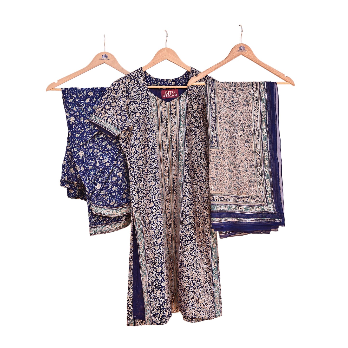 Indian Pre-Owned Blue & Ivory Pure Silk Hand Embroidered Ritu Kumar Designer 3 Piece Suit Set (Kurta + Dupatta + Salwar)