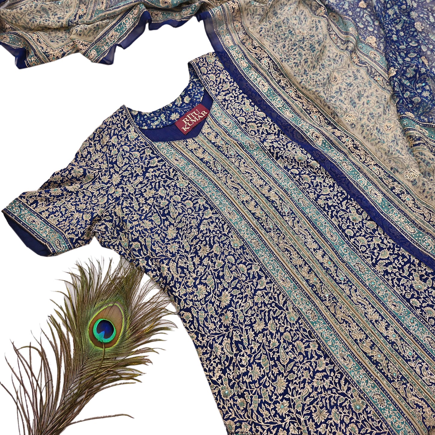 Indian Pre-Owned Blue & Ivory Pure Silk Hand Embroidered Ritu Kumar Designer 3 Piece Suit Set (Kurta + Dupatta + Salwar)