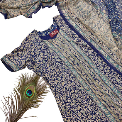 Indian Pre-Owned Blue & Ivory Pure Silk Hand Embroidered Ritu Kumar Designer 3 Piece Suit Set (Kurta + Dupatta + Salwar)