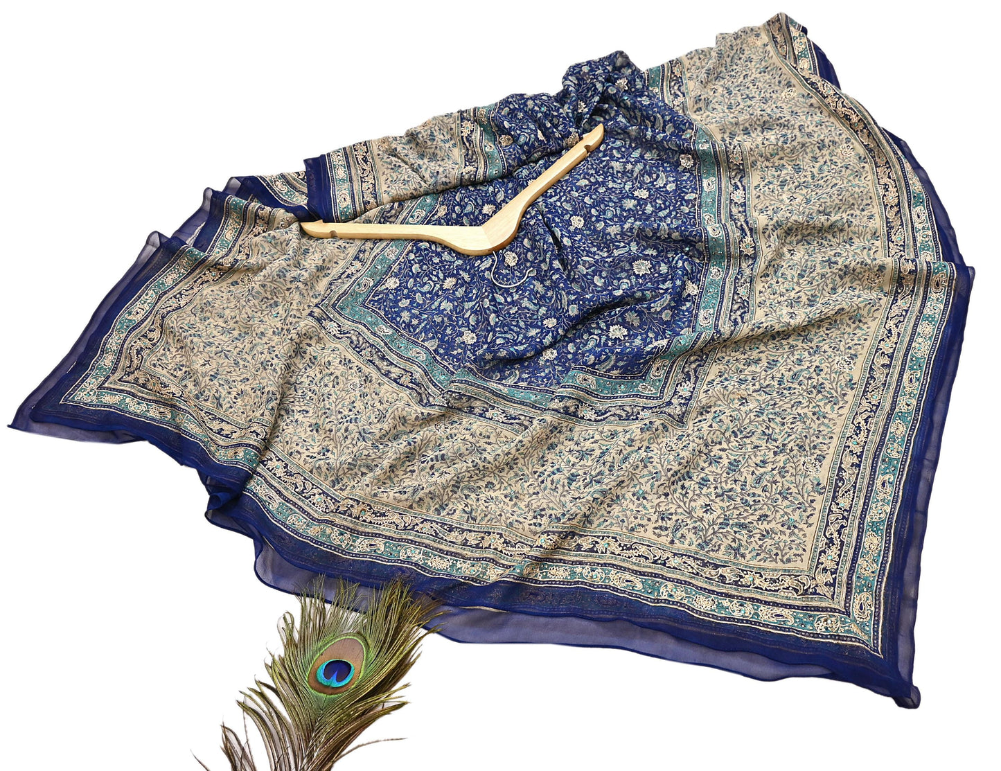 Indian Pre-Owned Blue & Ivory Pure Silk Hand Embroidered Ritu Kumar Designer 3 Piece Suit Set (Kurta + Dupatta + Salwar)