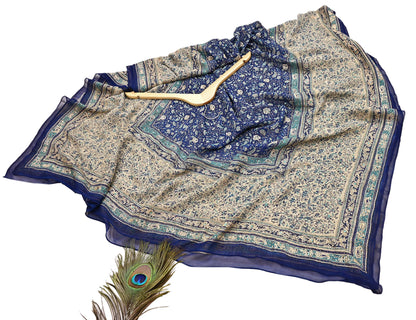 Indian Pre-Owned Blue & Ivory Pure Silk Hand Embroidered Ritu Kumar Designer 3 Piece Suit Set (Kurta + Dupatta + Salwar)