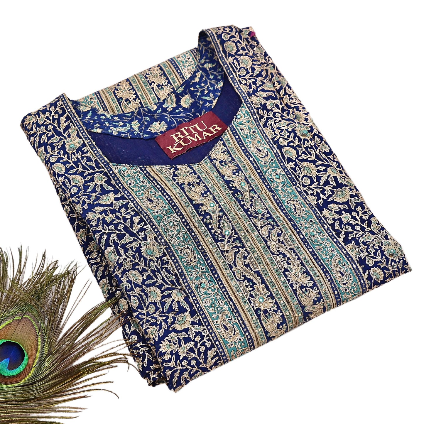 Indian Pre-Owned Blue & Ivory Pure Silk Hand Embroidered Ritu Kumar Designer 3 Piece Suit Set (Kurta + Dupatta + Salwar)