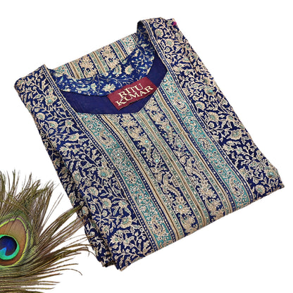 Indian Pre-Owned Blue & Ivory Pure Silk Hand Embroidered Ritu Kumar Designer 3 Piece Suit Set (Kurta + Dupatta + Salwar)