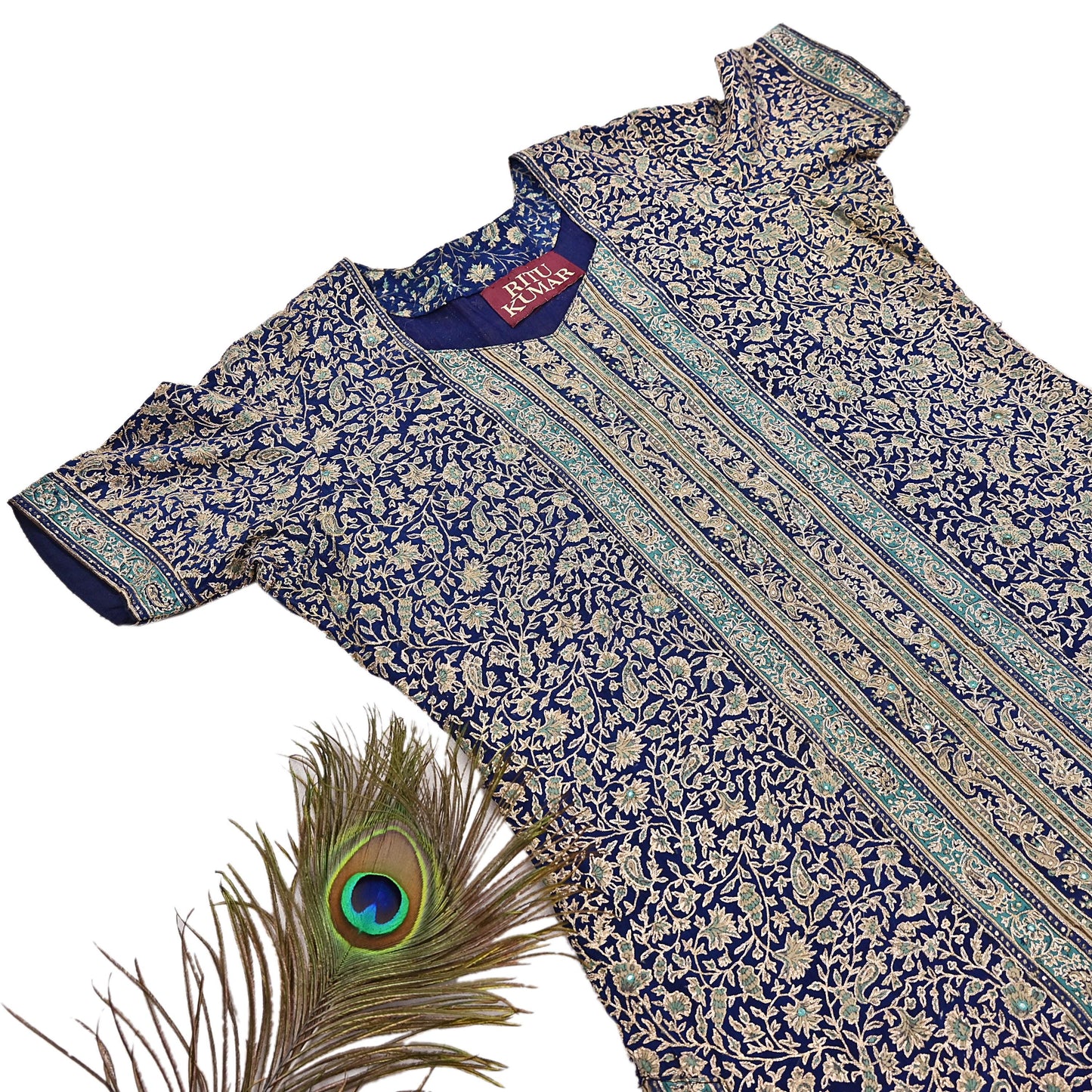 Indian Pre-Owned Blue & Ivory Pure Silk Hand Embroidered Ritu Kumar Designer 3 Piece Suit Set (Kurta + Dupatta + Salwar)