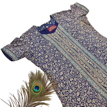 Indian Pre-Owned Blue & Ivory Pure Silk Hand Embroidered Ritu Kumar Designer 3 Piece Suit Set (Kurta + Dupatta + Salwar)