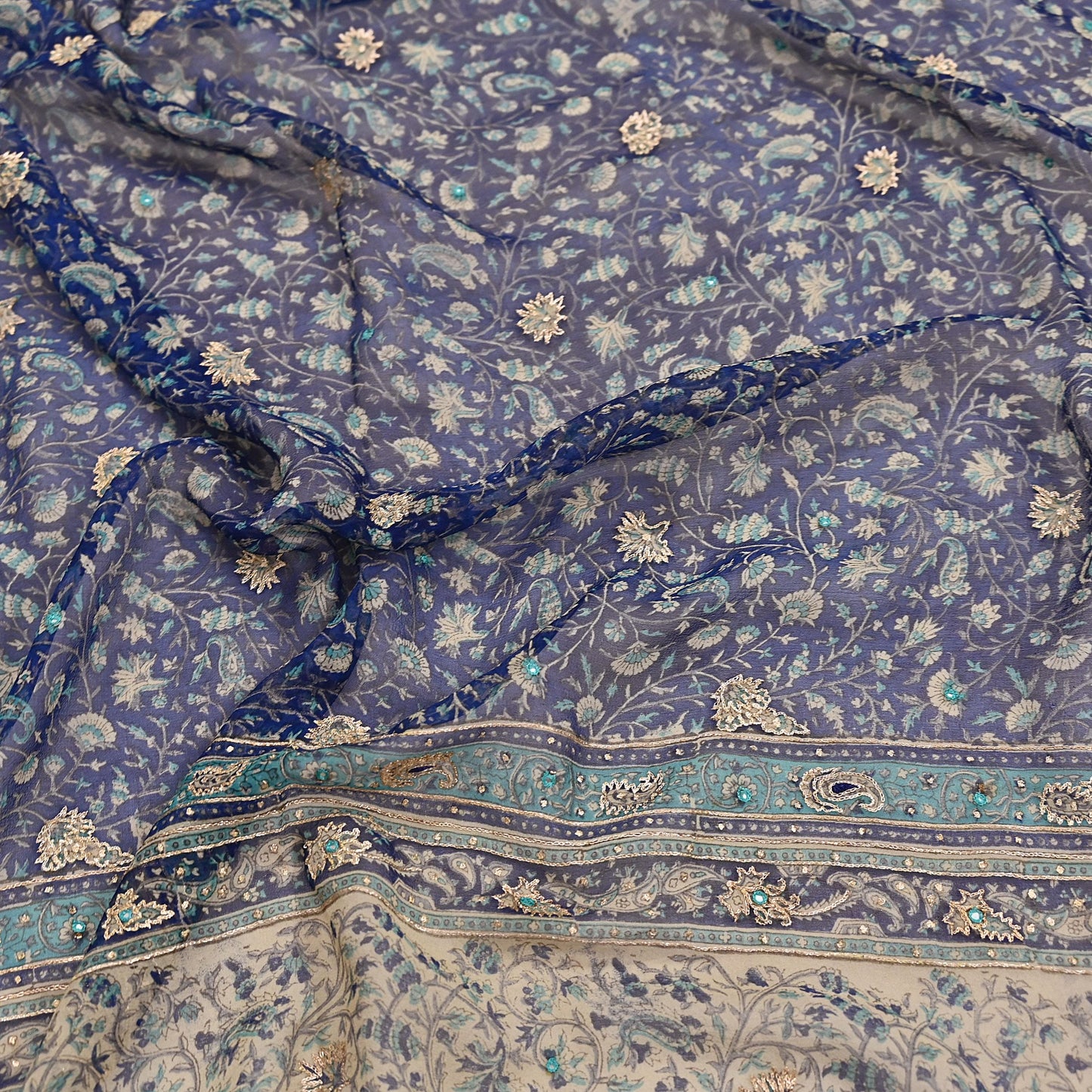 Indian Vintage Blue & Ivory Dupatta Pure Chiffon Silk Long Stole Hand Embroidered Designer By Ritu Kumar Scarves Scarf Zari Zardozi