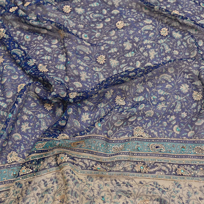 Indian Vintage Blue & Ivory Dupatta Pure Chiffon Silk Long Stole Hand Embroidered Designer By Ritu Kumar Scarves Scarf Zari Zardozi