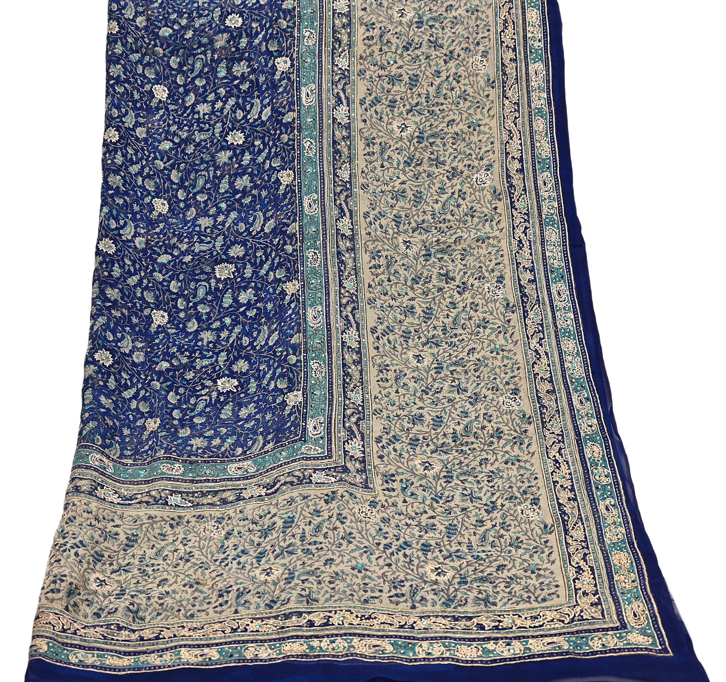 Indian Vintage Blue & Ivory Dupatta Pure Chiffon Silk Long Stole Hand Embroidered Designer By Ritu Kumar Scarves Scarf Zari Zardozi