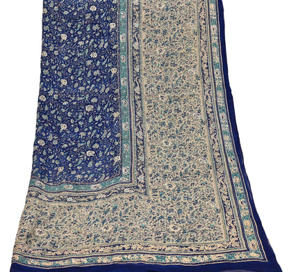 Indian Vintage Blue & Ivory Dupatta Pure Chiffon Silk Long Stole Hand Embroidered Designer By Ritu Kumar Scarves Scarf Zari Zardozi