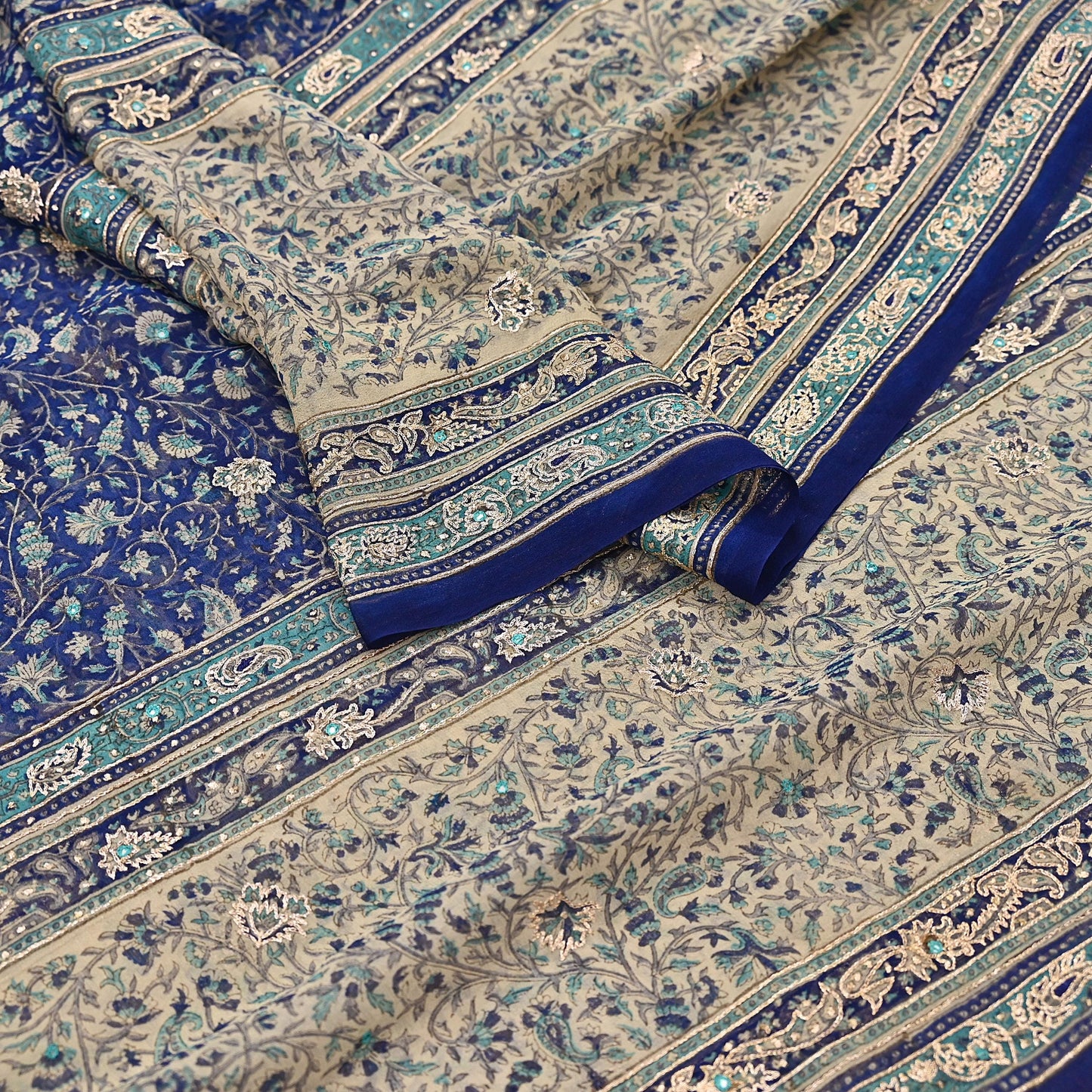 Indian Vintage Blue & Ivory Dupatta Pure Chiffon Silk Long Stole Hand Embroidered Designer By Ritu Kumar Scarves Scarf Zari Zardozi