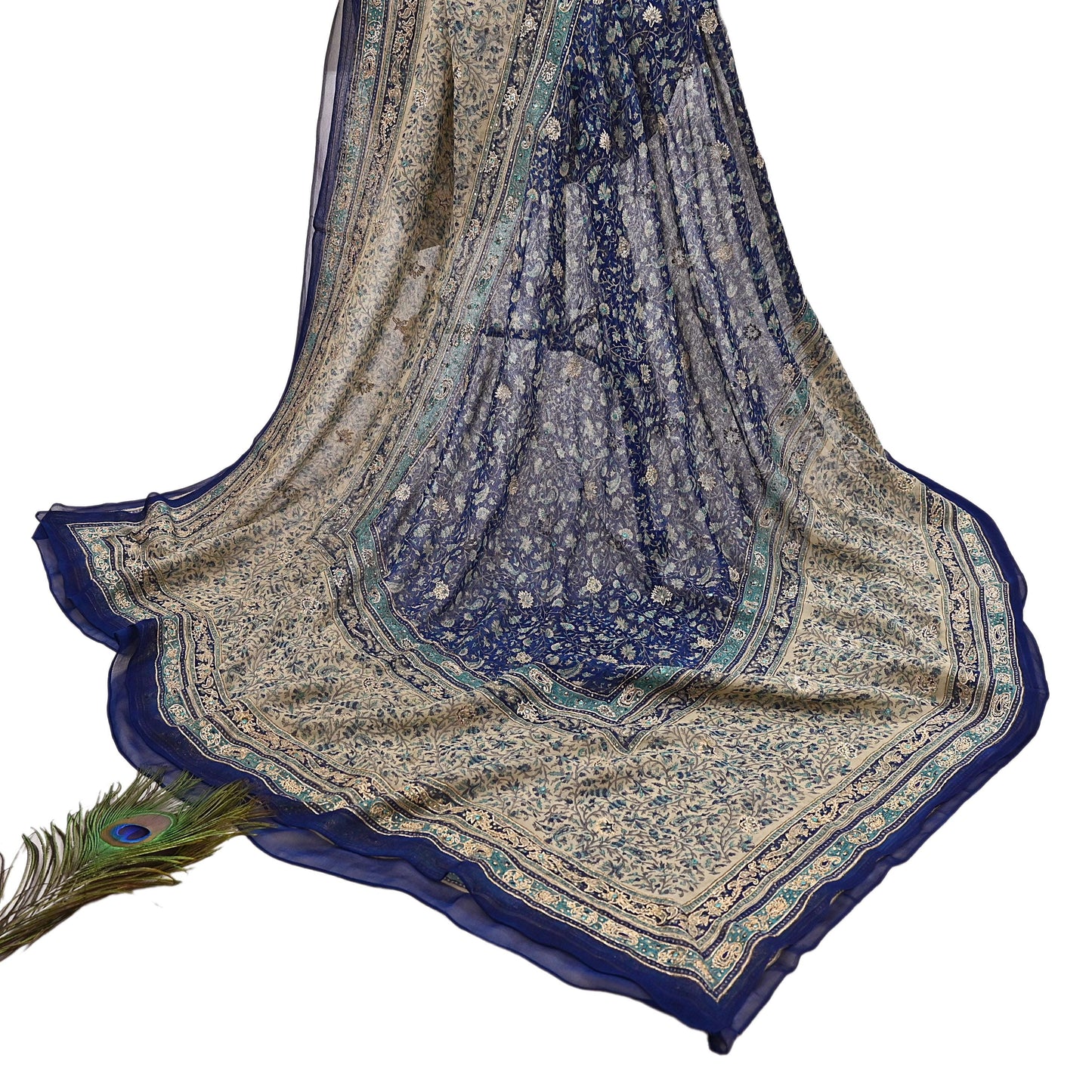Indian Vintage Blue & Ivory Dupatta Pure Chiffon Silk Long Stole Hand Embroidered Designer By Ritu Kumar Scarves Scarf Zari Zardozi