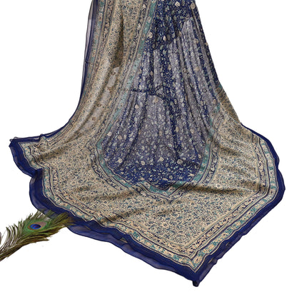 Indian Vintage Blue & Ivory Dupatta Pure Chiffon Silk Long Stole Hand Embroidered Designer By Ritu Kumar Scarves Scarf Zari Zardozi