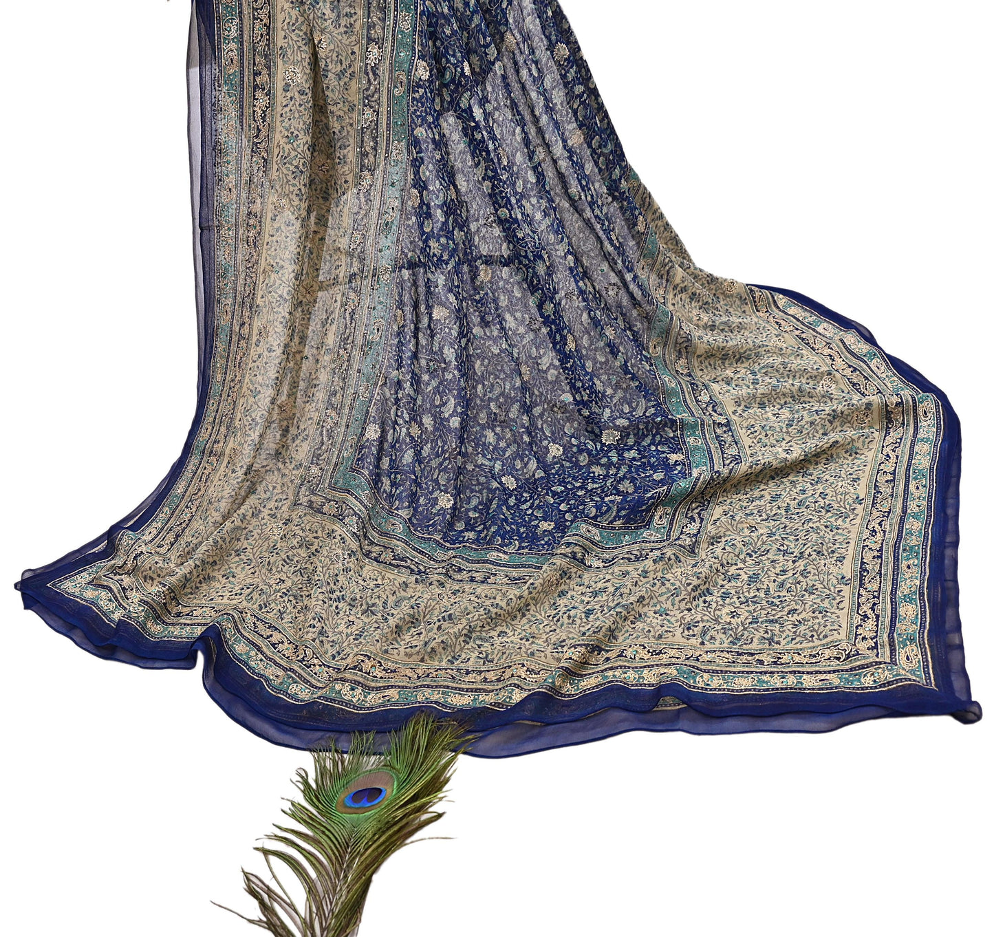 Indian Vintage Blue & Ivory Dupatta Pure Chiffon Silk Long Stole Hand Embroidered Designer By Ritu Kumar Scarves Scarf Zari Zardozi