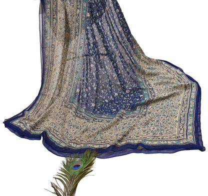 Indian Vintage Blue & Ivory Dupatta Pure Chiffon Silk Long Stole Hand Embroidered Designer By Ritu Kumar Scarves Scarf Zari Zardozi