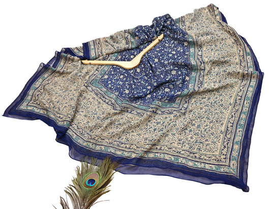 Indian Vintage Blue & Ivory Dupatta Pure Chiffon Silk Long Stole Hand Embroidered Designer By Ritu Kumar Scarves Scarf Zari Zardozi