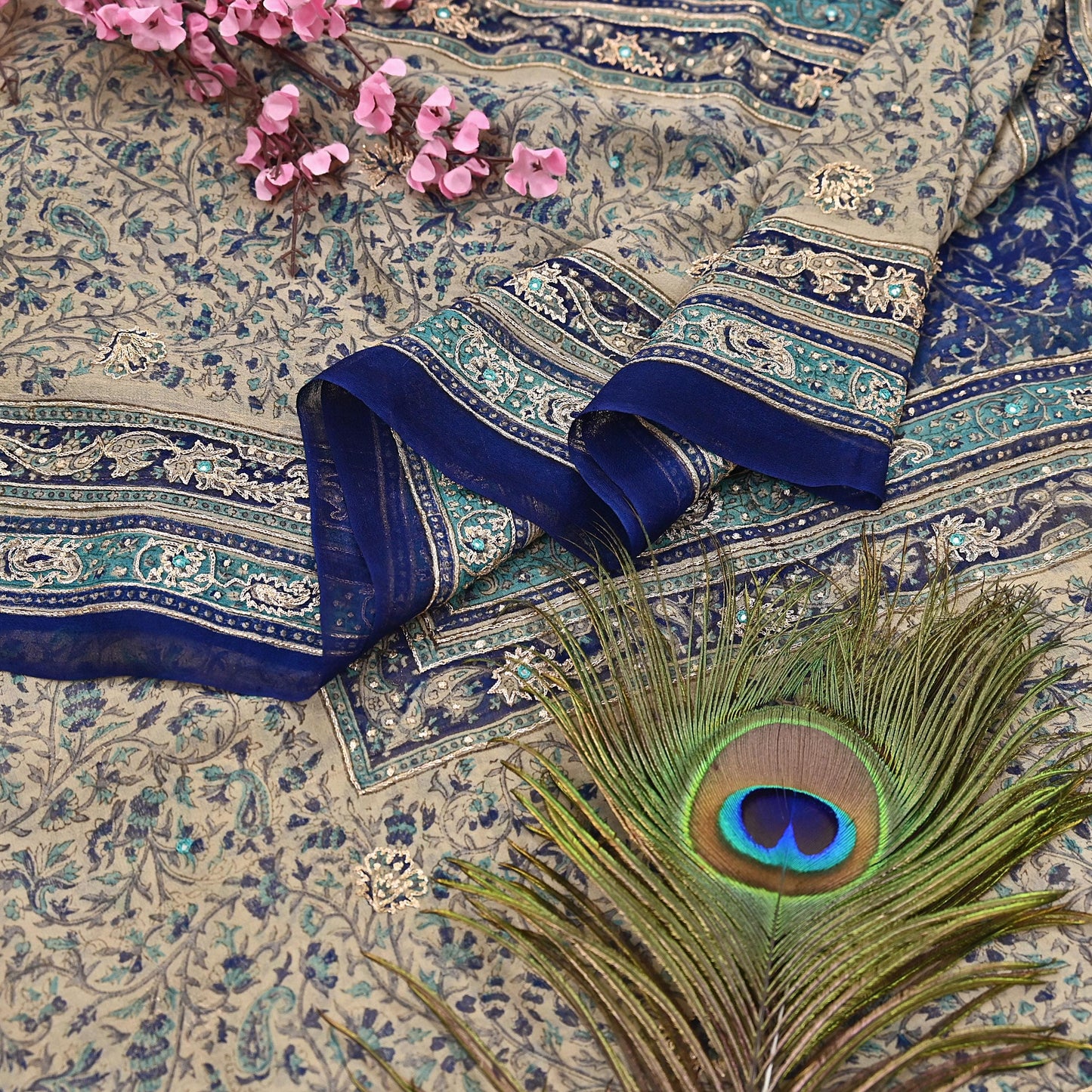 Indian Vintage Blue & Ivory Dupatta Pure Chiffon Silk Long Stole Hand Embroidered Designer By Ritu Kumar Scarves Scarf Zari Zardozi