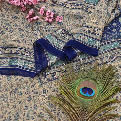 Indian Vintage Blue & Ivory Dupatta Pure Chiffon Silk Long Stole Hand Embroidered Designer By Ritu Kumar Scarves Scarf Zari Zardozi