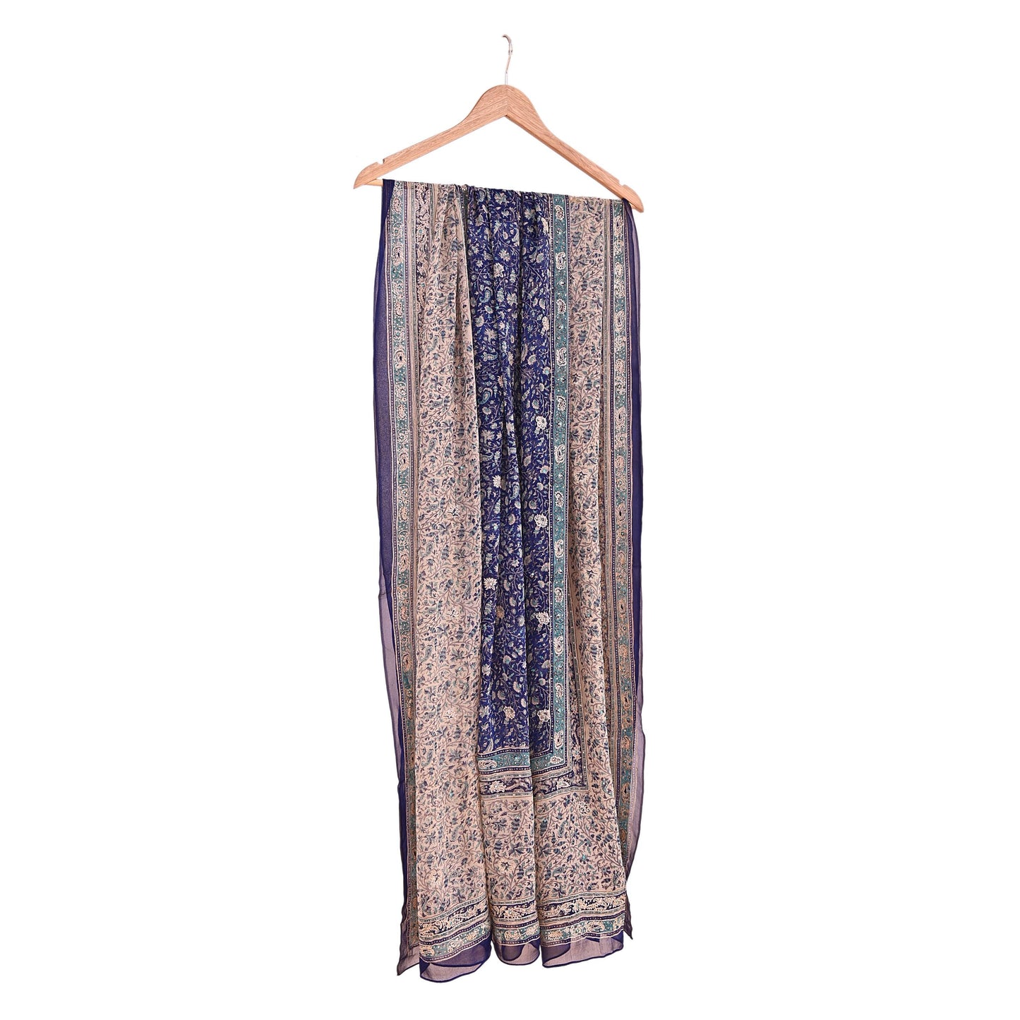 Indian Vintage Blue & Ivory Dupatta Pure Chiffon Silk Long Stole Hand Embroidered Designer By Ritu Kumar Scarves Scarf Zari Zardozi