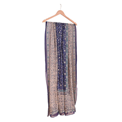 Indian Vintage Blue & Ivory Dupatta Pure Chiffon Silk Long Stole Hand Embroidered Designer By Ritu Kumar Scarves Scarf Zari Zardozi