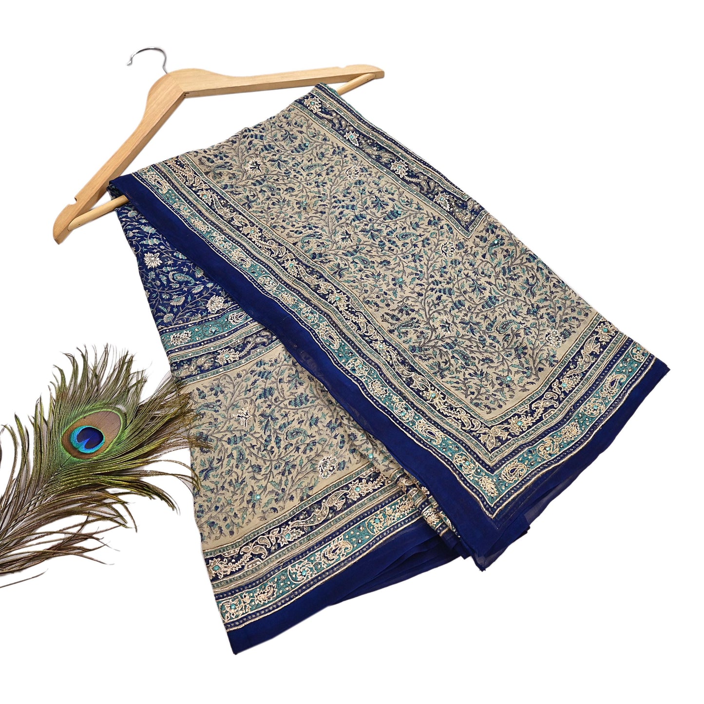 Indian Vintage Blue & Ivory Dupatta Pure Chiffon Silk Long Stole Hand Embroidered Designer By Ritu Kumar Scarves Scarf Zari Zardozi
