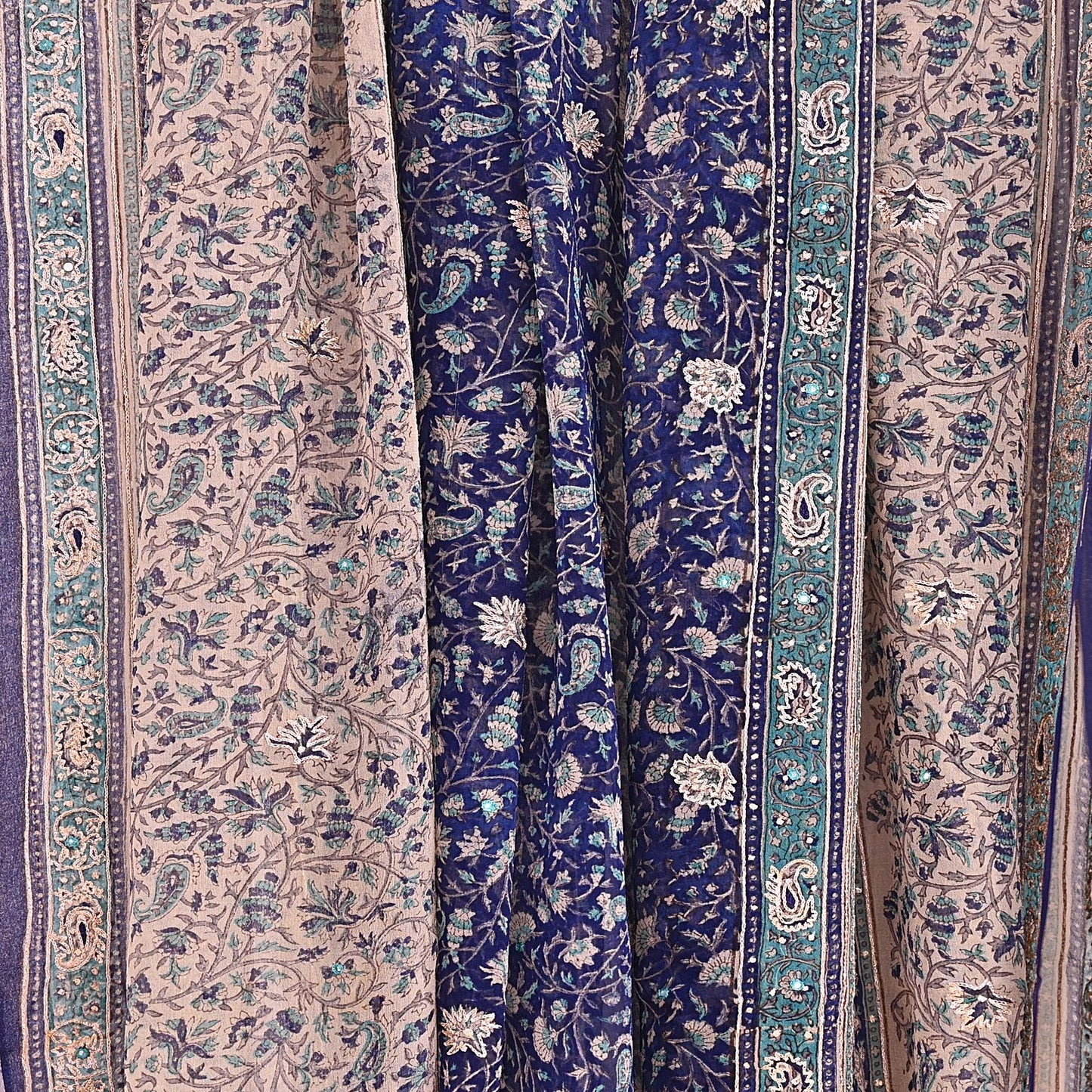Indian Vintage Blue & Ivory Dupatta Pure Chiffon Silk Long Stole Hand Embroidered Designer By Ritu Kumar Scarves Scarf Zari Zardozi