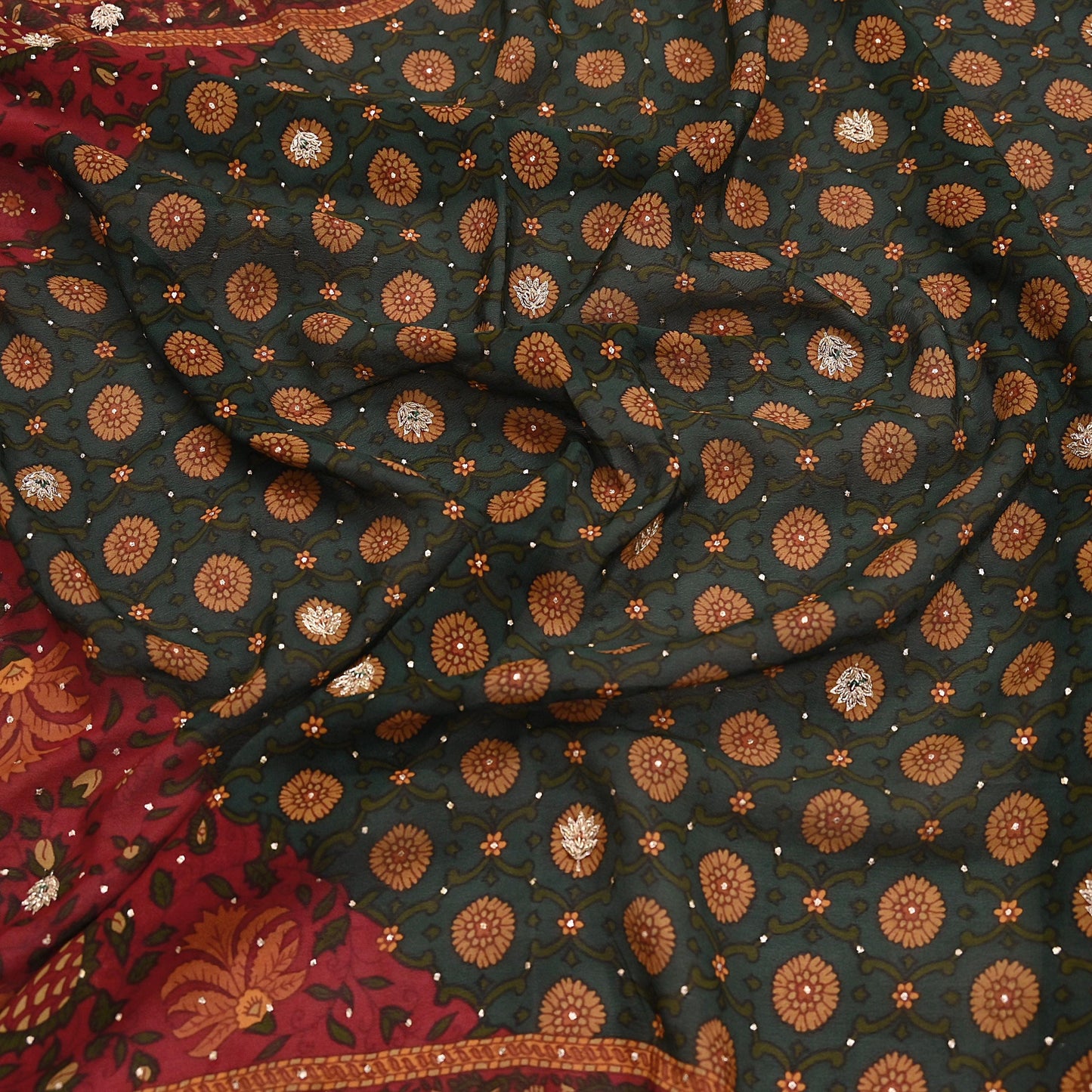 Indian Vintage Heavy Red & Green Dupatta Pure Silk Long Stole Hand Embroidered Designer By Ritu Kumar Scarves Scarf Zari Zardozi