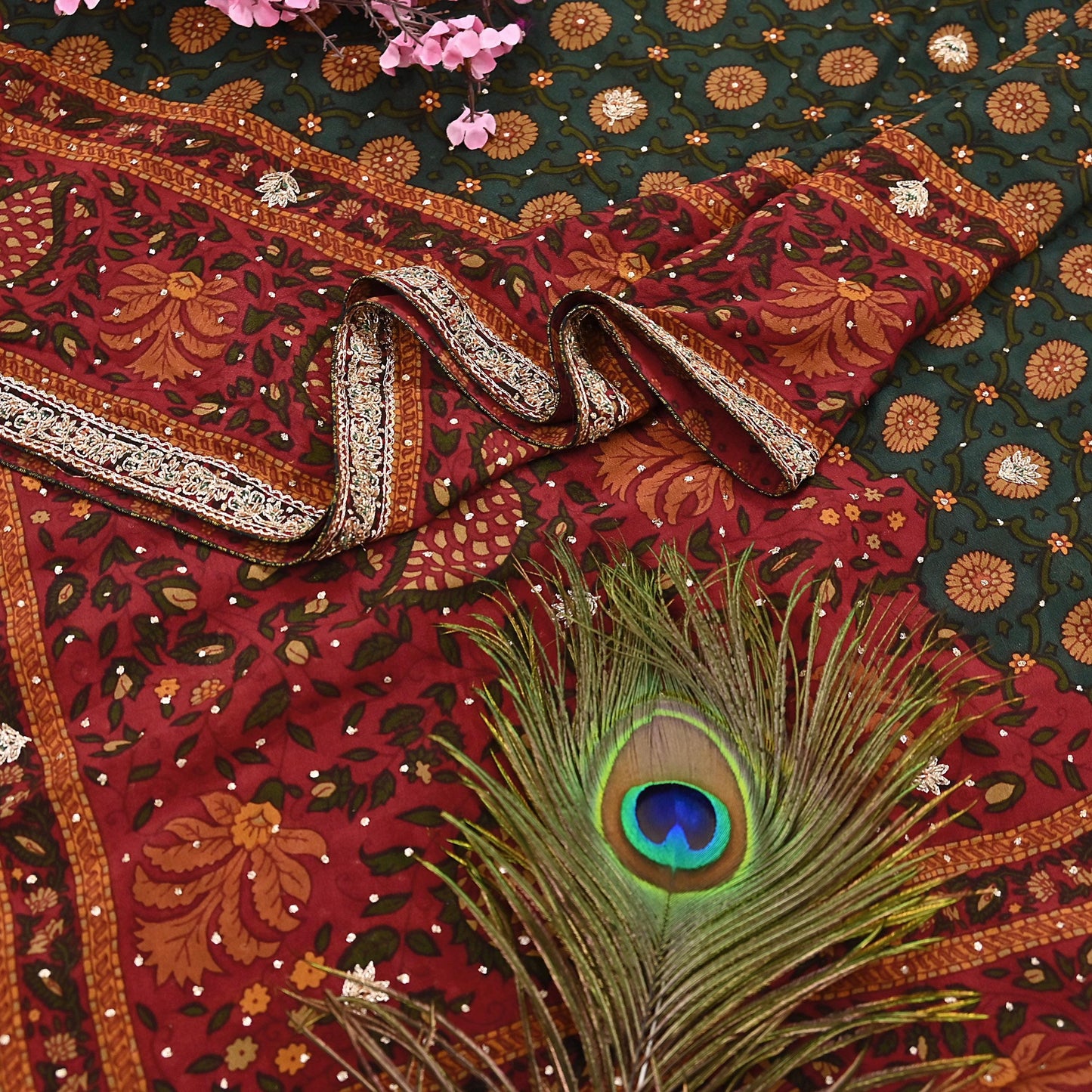 Indian Vintage Heavy Red & Green Dupatta Pure Silk Long Stole Hand Embroidered Designer By Ritu Kumar Scarves Scarf Zari Zardozi