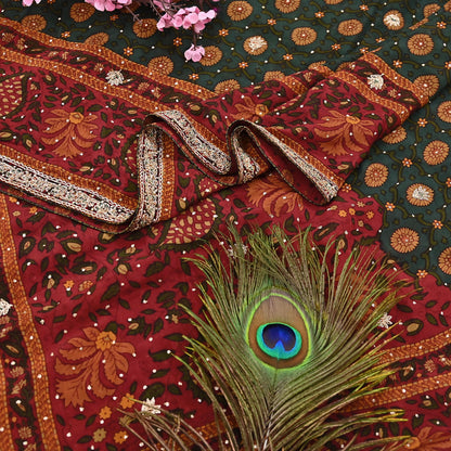 Indian Vintage Heavy Red & Green Dupatta Pure Silk Long Stole Hand Embroidered Designer By Ritu Kumar Scarves Scarf Zari Zardozi